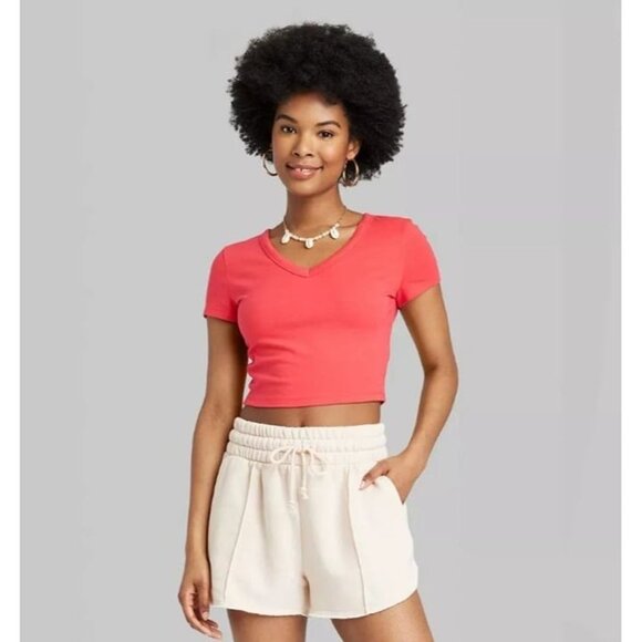Wild Fable Short Sleeve V-Neck Cropped T-Shirt Vibrant Pink XL - Picture 1 of 10